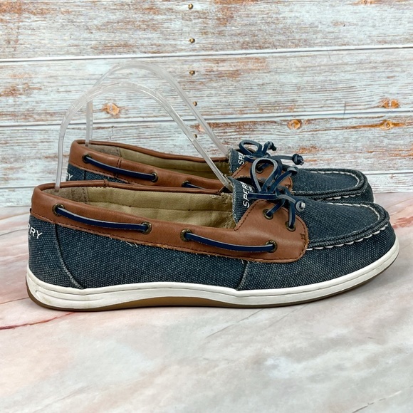 Sperry Firefish Top-Sider Blue Glitter Canvas with Tan Leather trim - Picture 4 of 9